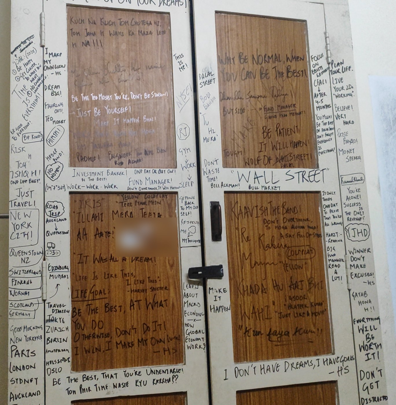 Kavish’s hostel wardrobe, covered in handwritten goals, city names and lines about markets